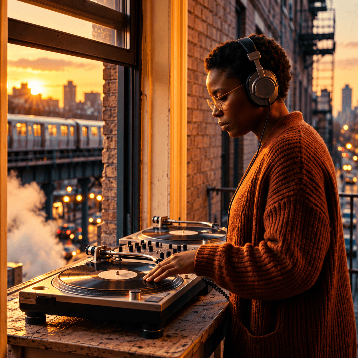 DJ spinning at sunset in the city