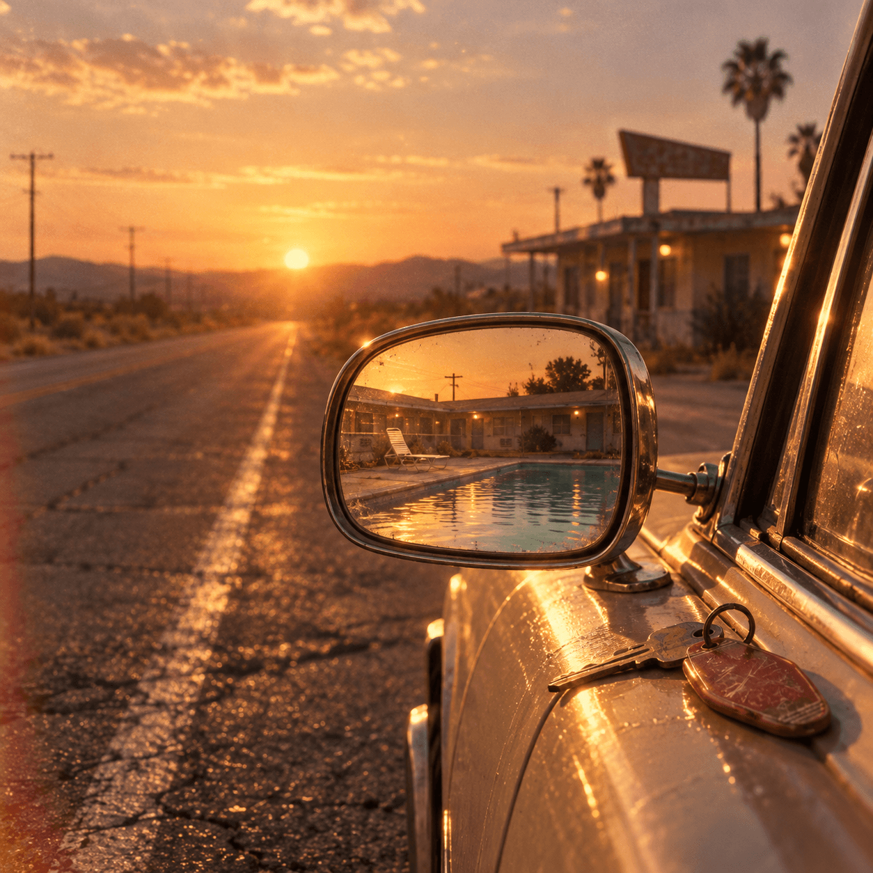 Sunset view from a vintage car on a desert road, with a motel pool reflected in the side mirror, rendered in warm golden light with a nostalgic, dreamlike feel.